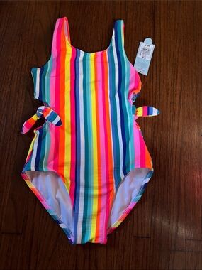 Cat & Jack Neon Rainbow Stripe One-Piece Swimsuit - Pink, Yellow, Blue, Green